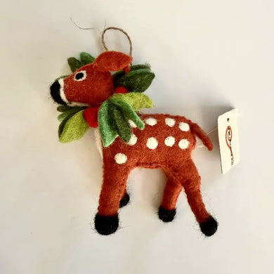 Fair Trade Spotted Deer Felt Ornament with Wreath