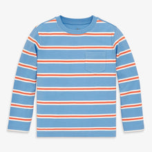 Kids Long Sleeve Pocket Tee in Cornflower & Clementine Varsity Stripe