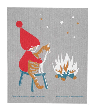 Tomte & Cat By Fire Swedish Dishcloth