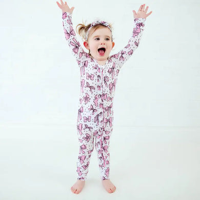 All Tied Up Pink Bows Bamboo Ruffle Convertible Footie Pjs