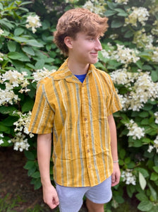 Men’s Hand Block Printed Button Down – Yellow/Blue/Cream