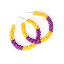 Game Day Beaded Color Block Hoop Earrings - Yellow + Purple