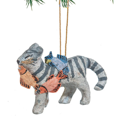 Paper Mache Cat w/ Fish Ornament