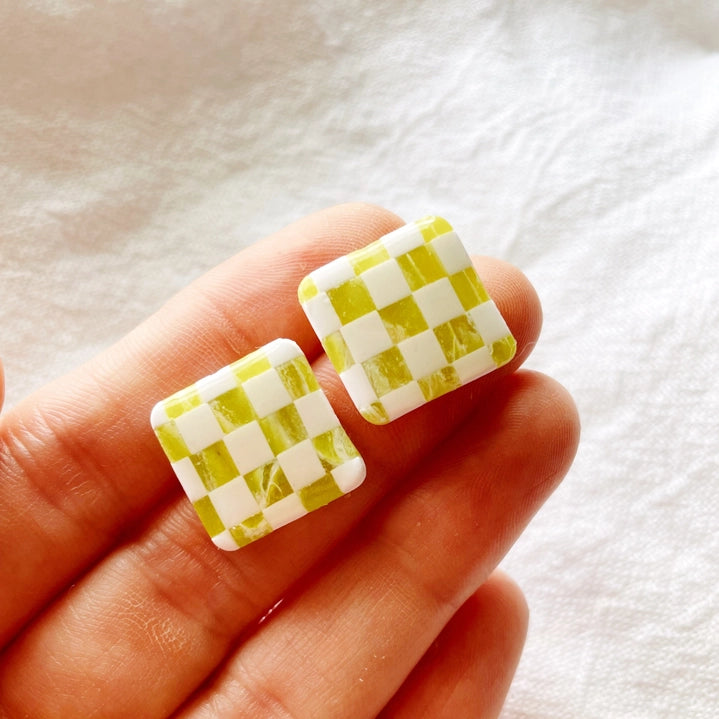 Checkered Block Studs | Polymer Clay Earrings