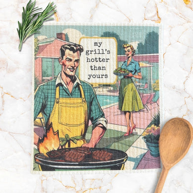 My Grills Hotter - Funny Vintage Swedish Dishcloth For Guys