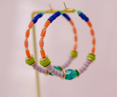 Teal Colorful Large Beaded Hoops