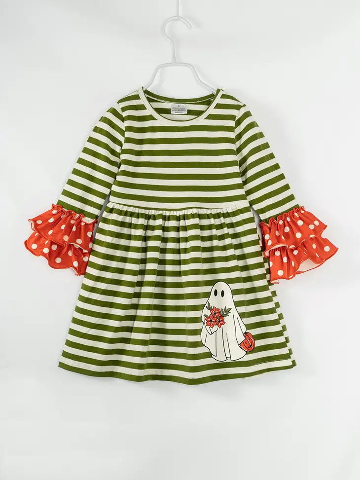 Halloween Stripe Ghost Print Ruffle Girl Twirl Dress