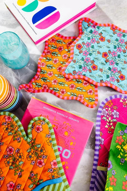 Floral Quilted Oven Mitt & Pot Holders – Bright, Playful Kitchen Essentials