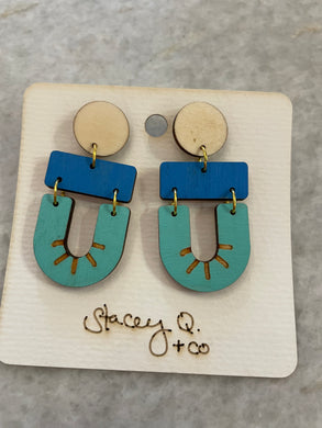 2 Blues Bar & Arch Hand Painted Wood Earrings by Stacey Q.