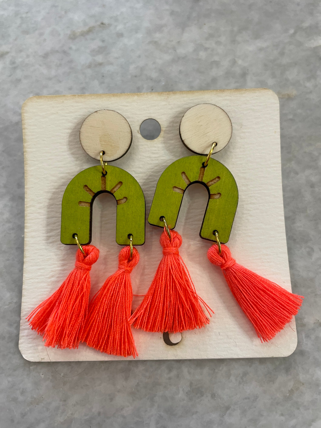 Lime Arch With Tassel Wood Earrings by Stacey Q.