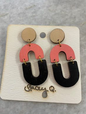 Pink & Black Double Arch Hand Painted Wood Earrings by Stacey Q.