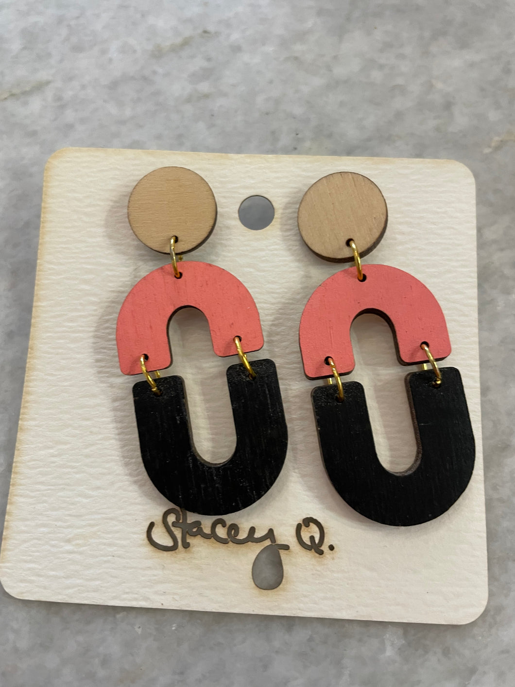 Pink & Black Double Arch Hand Painted Wood Earrings by Stacey Q.
