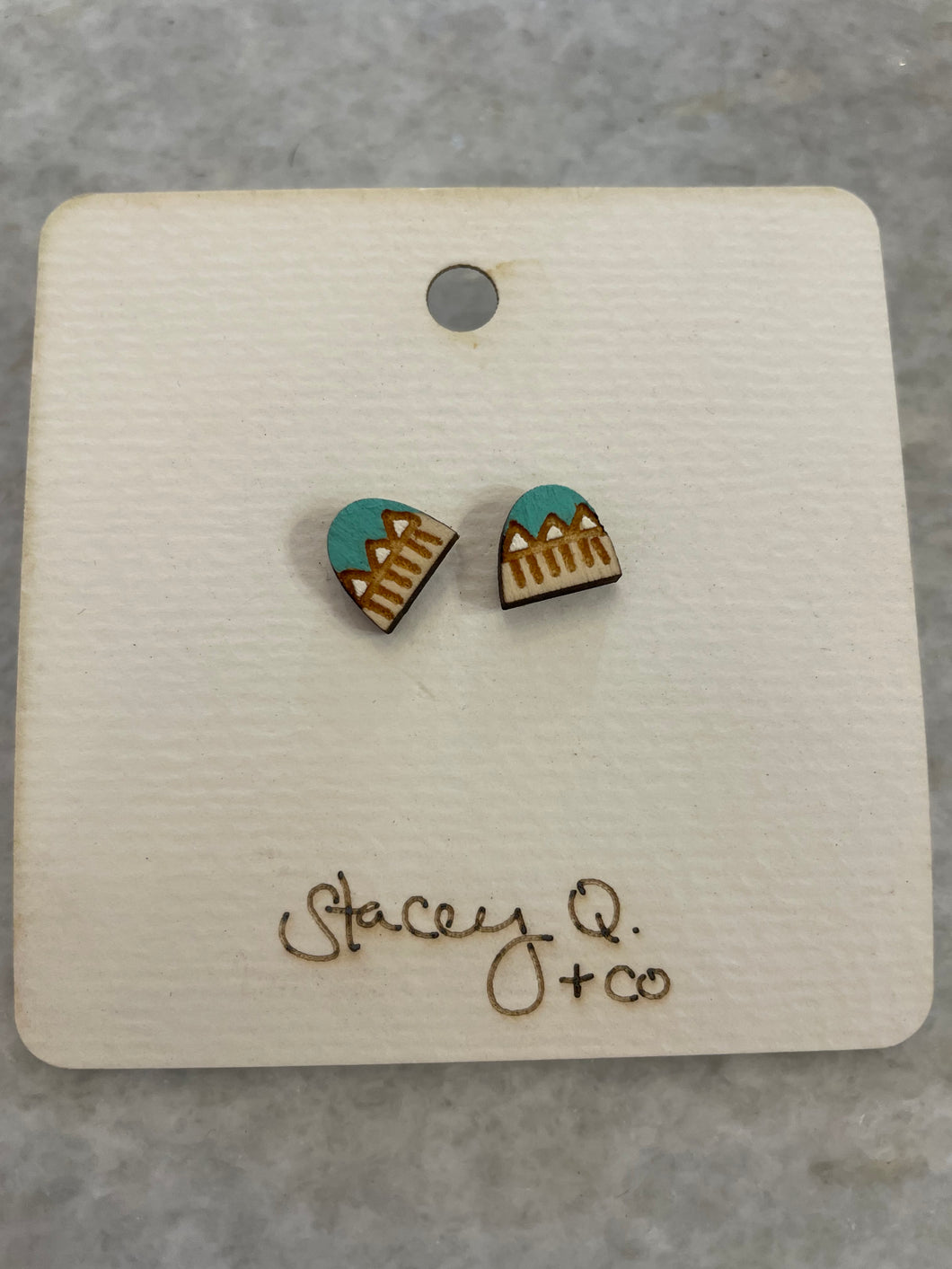 Teal Mountains Hand Painted Wood Stud Earrings by Stacey Q.