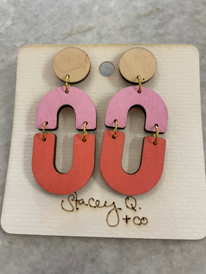 2 Pinks Double Arch Hand Painted Wood Earrings by Stacey Q.