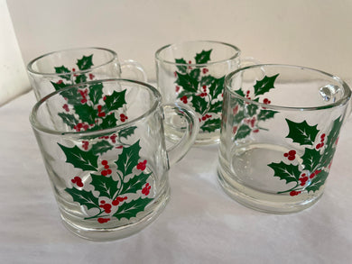 Set of 4 Vintage/Previously Adored Glass Holly Christmas Mugs