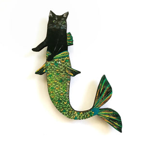 Black Cat Mermaid Wood Magnet