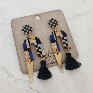 Speckled Pattern Block Arch Earrings with Brass Spikes