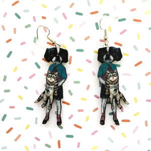 Bertha Earrings - Dog holding Cat