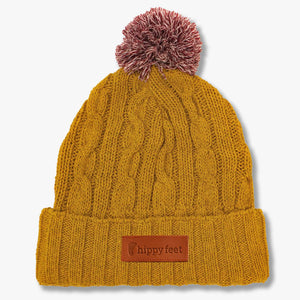 Cable Knit Pom Beanie- Mustard