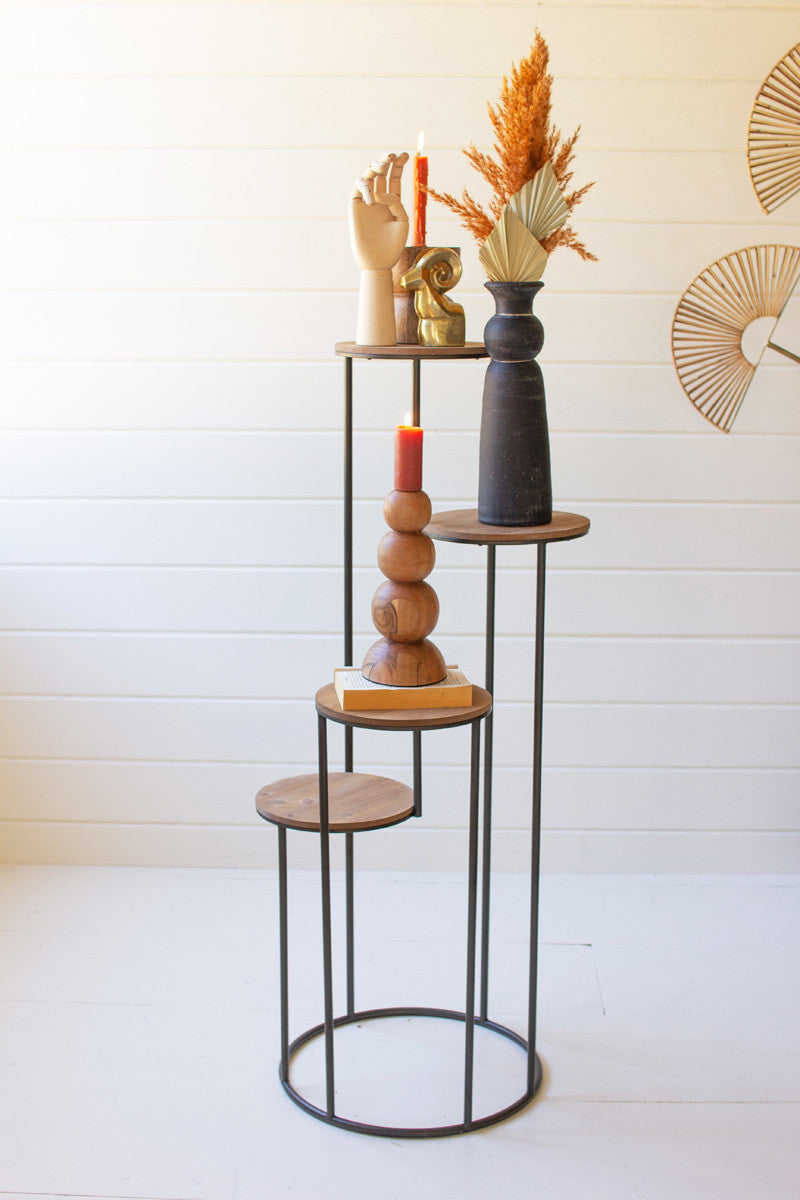 Four Tiered Wood & Metal Round Stand
