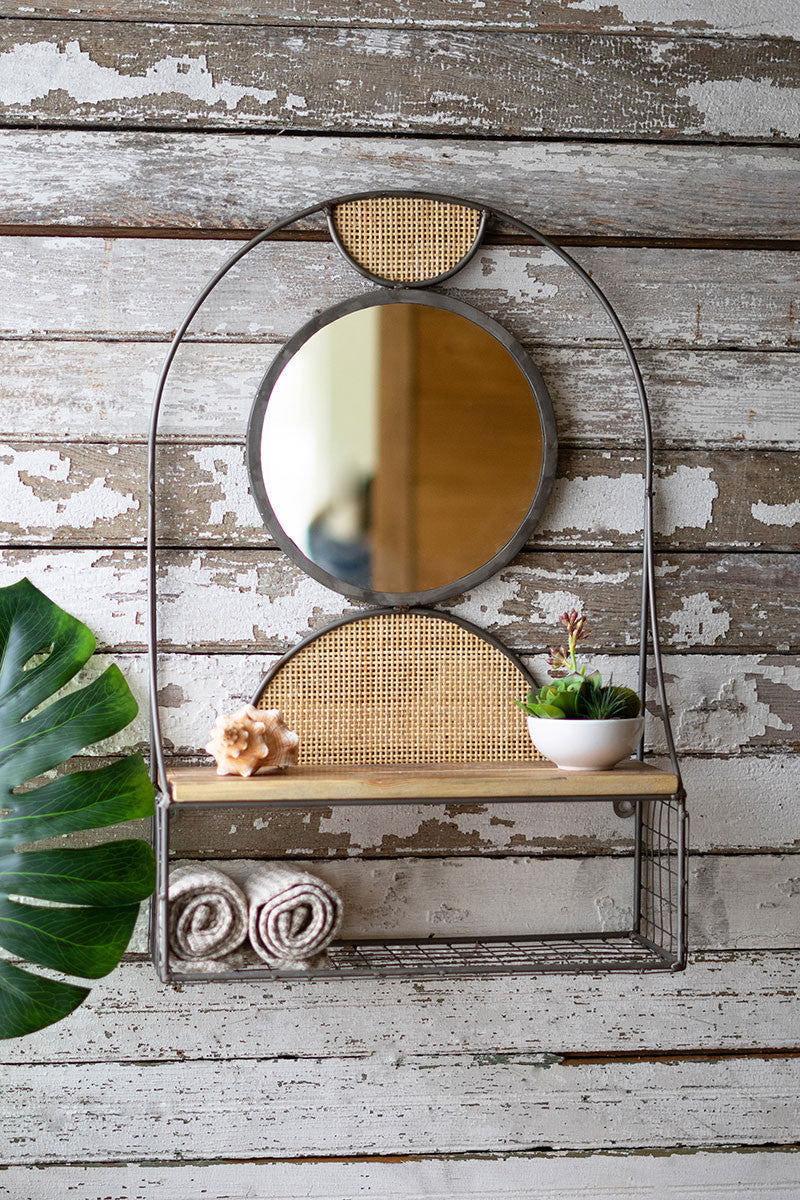 Recycled Wood Wall Shelf and Mirror - Rattan Detail