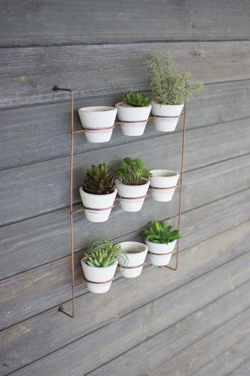 ceramic wall pots for plants White Wash Clay Pots On Copper Finish Wall Rack Set of 9