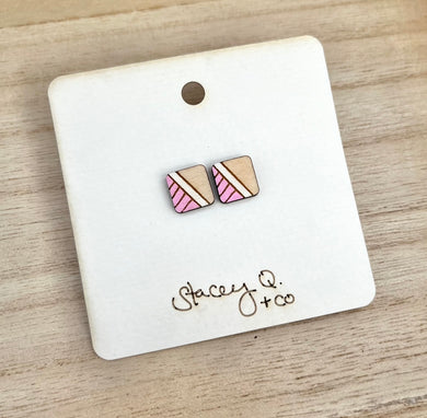 Pink/Natural Painted Wood Stud Earrings by Stacey Q.