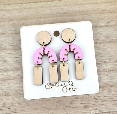 Pink Arch Drop Hand Painted Wood Earrings by Stacey Q.