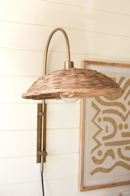 Antique Brass Wall Light with Rattan Shade