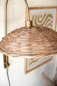Antique Brass Wall Light with Rattan Shade