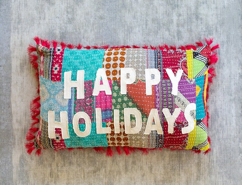 Happy Holidays Kantha Pillow