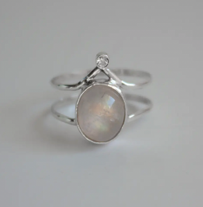 Handmade Rainbow Moonstone Double Band Tiara Sterling Silver Ring (Size 6)