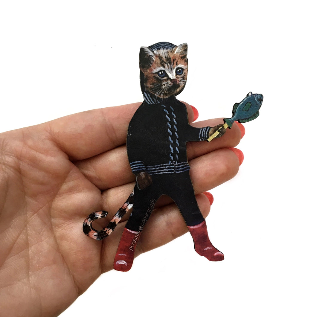 Cat (with Fish Stick) Wood Magnet