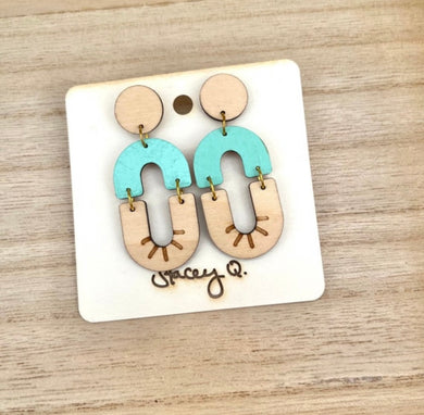 Teal Double Arch Hand Painted Wood Earrings by Stacey Q.