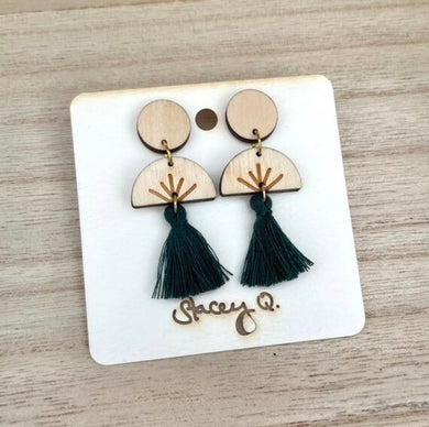 Green/Dark Teal Tassel Wood Earrings by Stacey Q.