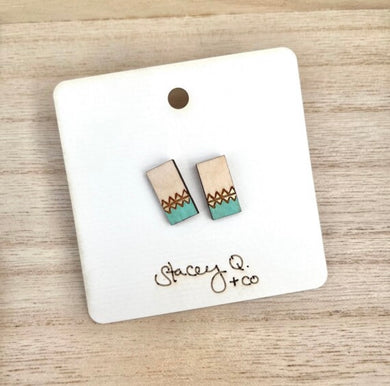 Turquoise Hand Painted Long Wood Stud Earrings by Stacey Q.