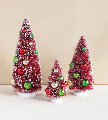 Red Bottle Brush Trees With Ornaments (Multiple Sizes)
